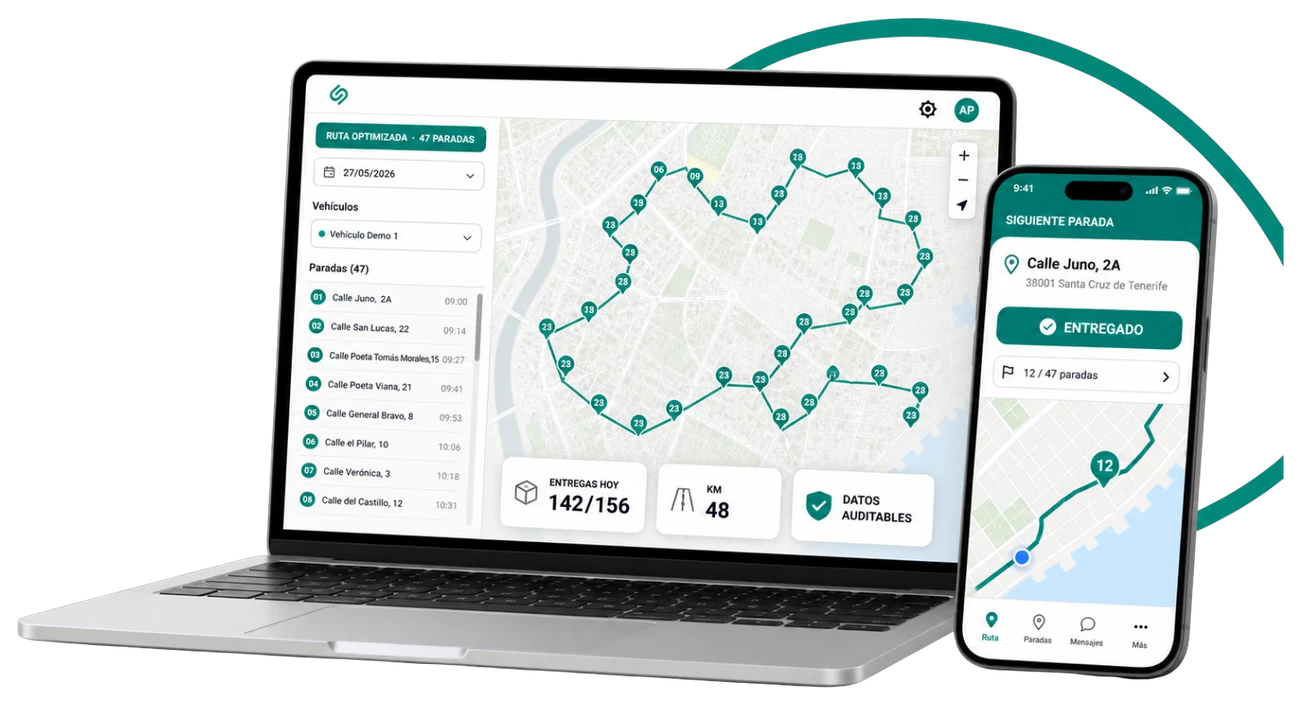 Panel Bestmile en el portátil del jefe de tráfico y app de ruta en el móvil del conductor