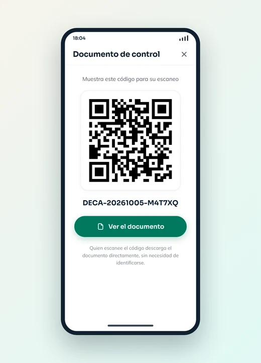 Pantalla del móvil con el documento de control: el código QR, el número del documento y el botón para verlo